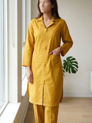 pomelli_photoshoot-11 ✅ Premium Coat Collar Front Open Kurti Trouser Co-Ord Set Round Daman With Pockets For Women