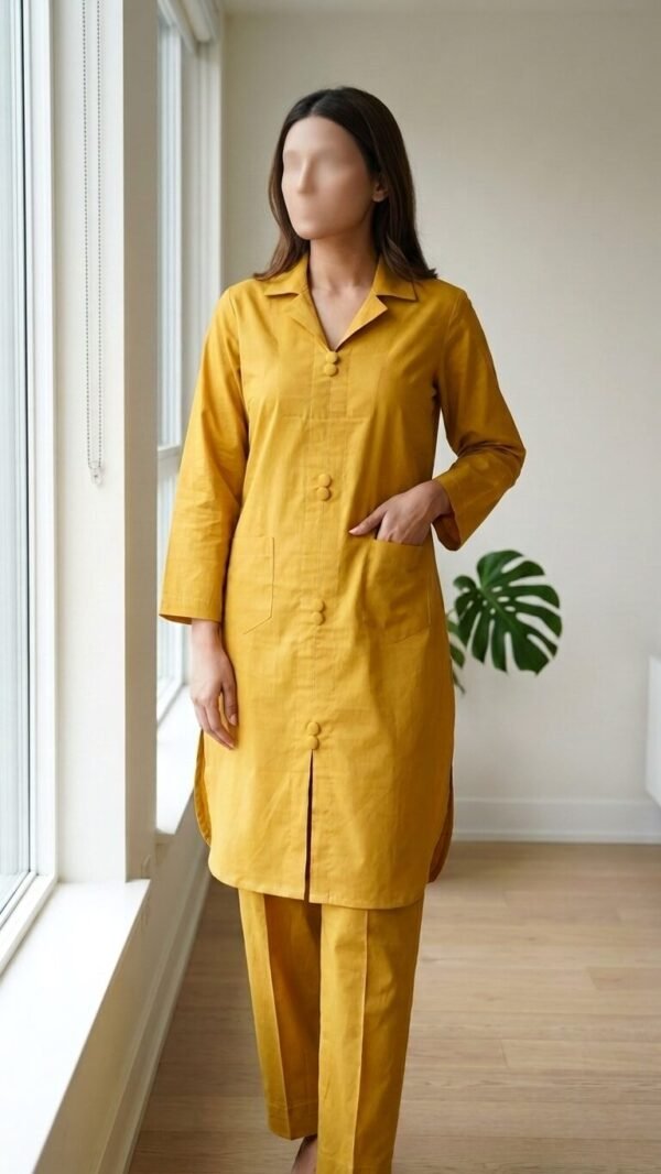 ✅ Premium Coat Collar Front Open Kurti Trouser Co-Ord Set Round Daman With Pockets For Women