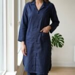 pomelli_photoshoot-12 ✅ Premium Coat Collar Front Open Kurti Trouser Co-Ord Set Round Daman With Pockets For Women Dark Blue