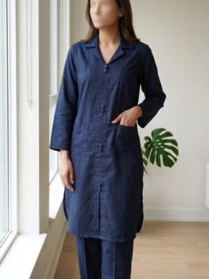 pomelli_photoshoot-12 ✅ Premium Coat Collar Front Open Kurti Trouser Co-Ord Set Round Daman With Pockets For Women Dark Blue