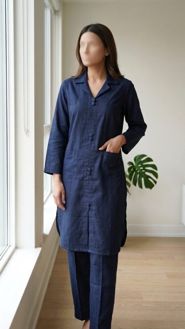 ✅ Premium Coat Collar Front Open Kurti Trouser Co-Ord Set Round Daman With Pockets For Women Dark Blue