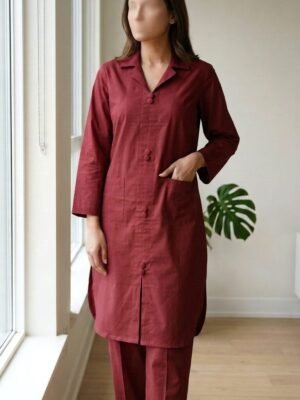pomelli_photoshoot-13 ✅ Premium Coat Collar Front Open Kurti Trouser Co-Ord Set Round Daman With Pockets For Women Maroon