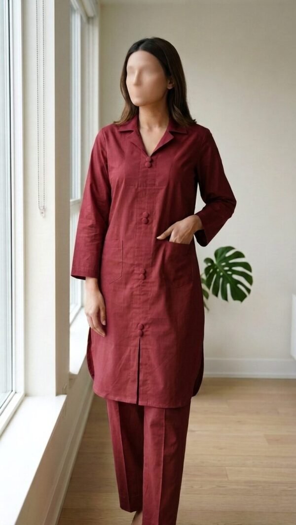 ✅ Premium Coat Collar Front Open Kurti Trouser Co-Ord Set Round Daman With Pockets For Women Maroon