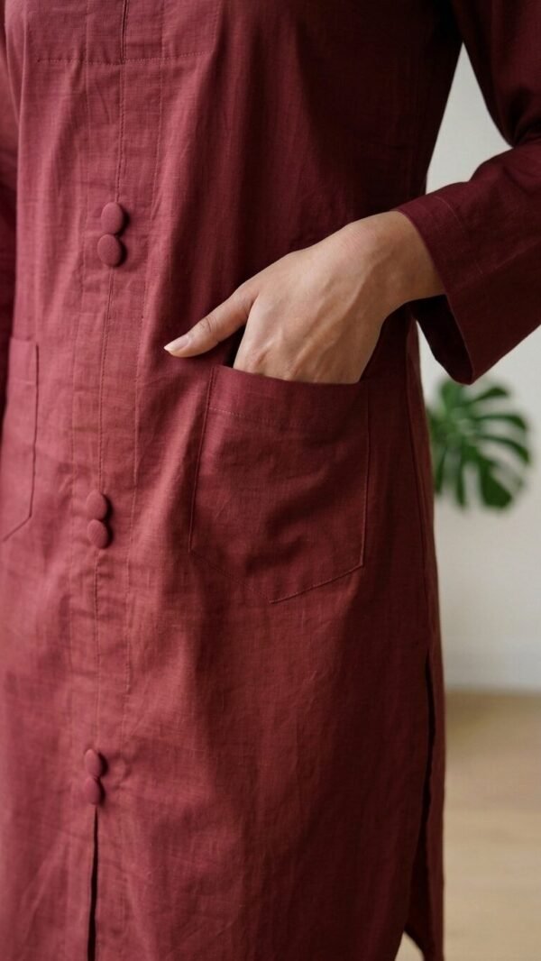 ✅ Premium Coat Collar Front Open Kurti Trouser Co-Ord Set Round Daman With Pockets For Women Maroon