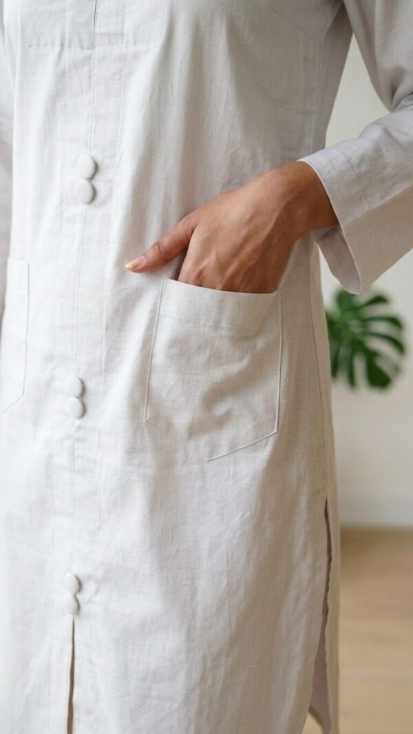 ✅ Premium Coat Collar Front Open Kurti Trouser Co-Ord Set Round Daman With Pockets For Women Off White