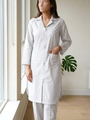pomelli_photoshoot-24 ✅ Premium Coat Collar Front Open Kurti Trouser Co-Ord Set Round Daman With Pockets For Women Off White