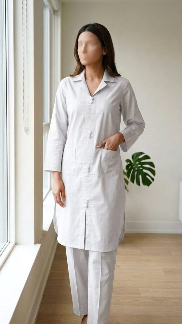 ✅ Premium Coat Collar Front Open Kurti Trouser Co-Ord Set Round Daman With Pockets For Women Off White