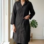 pomelli_photoshoot-26 ✅ Premium Coat Collar Front Open Kurti Trouser Co-Ord Set Round Daman With Pockets For Women Black