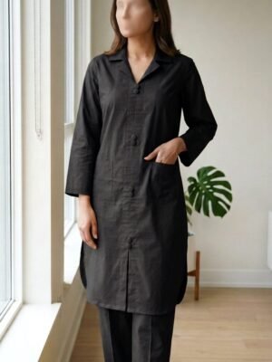 pomelli_photoshoot-26 ✅ Premium Coat Collar Front Open Kurti Trouser Co-Ord Set Round Daman With Pockets For Women Black
