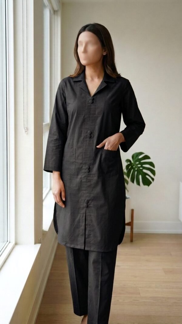 ✅ Premium Coat Collar Front Open Kurti Trouser Co-Ord Set Round Daman With Pockets For Women Black