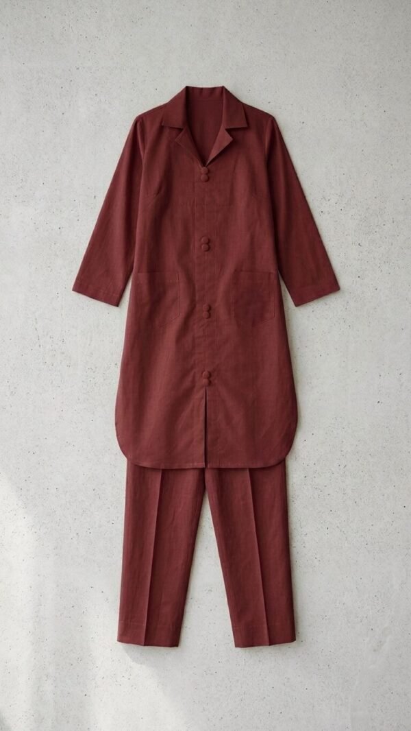✅ Premium Coat Collar Front Open Kurti Trouser Co-Ord Set Round Daman With Pockets For Women Maroon